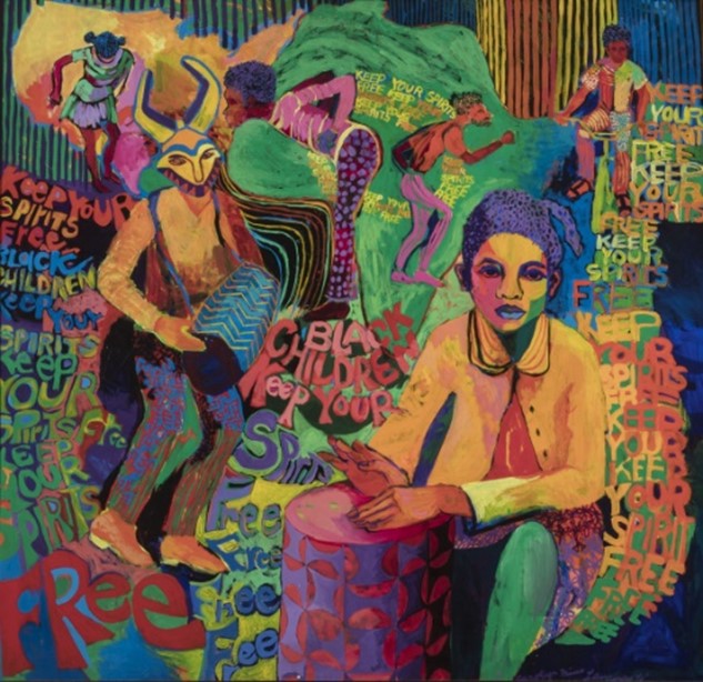 Painting of Black people, and person wearing mask in motion.