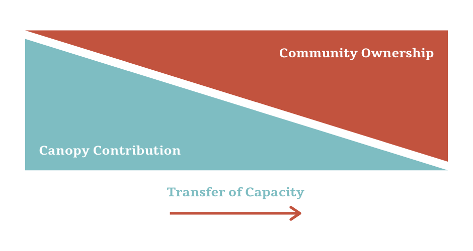 Two right triangles stacked on one another showing an initial large Canopy Contribution that gets smaller and a smaller Community Ownership that increases over time. Labeled Transfer of Capacity.