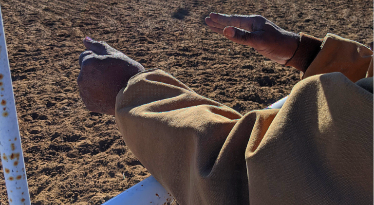 Two outstretched black hands over a rodeo corral.